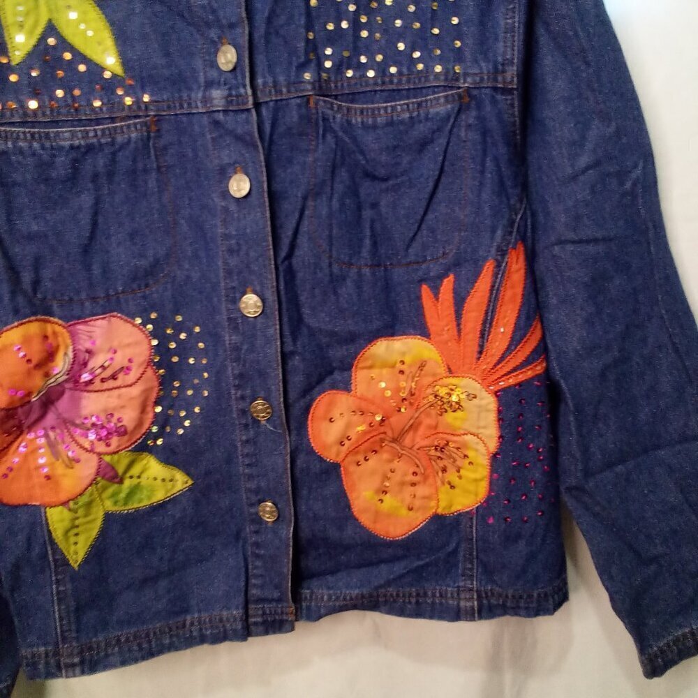 Lighthouse Apparel Jacket Women M Denim Flower Patches Sequins Button Up - Picture 5 of 15